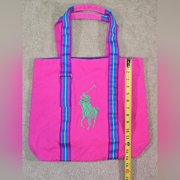 Polo Ralph Lauren Big Pony Pink Green Purple Canvas Zip Tote Bag Large - Picture 3 of 7